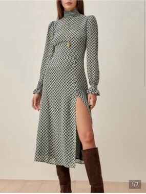 Reformation High-Neck Long Sleeve Dress in Blue , Green and Cream Geo print